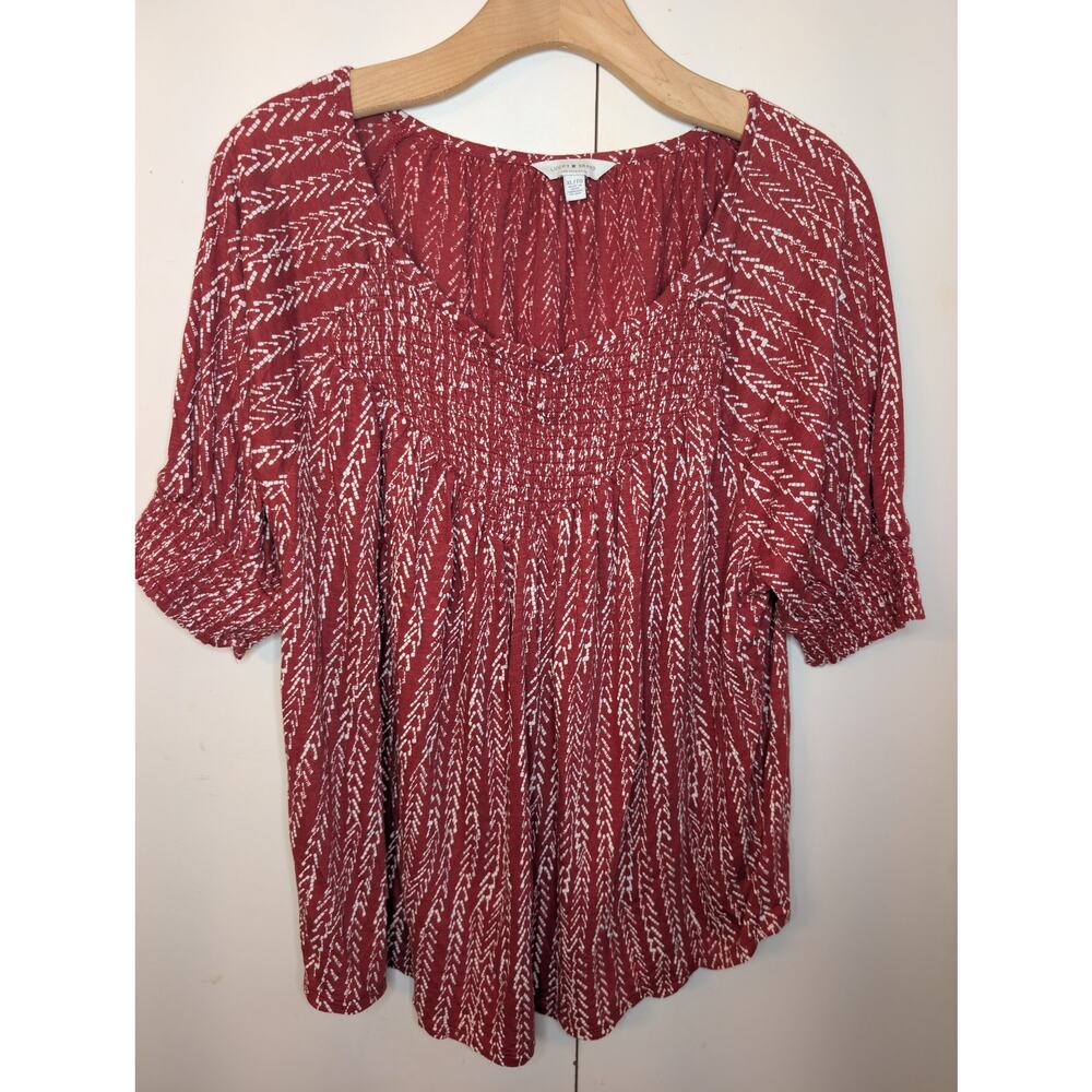 Lucky Brand Red & White Ruched Patterned Blouse